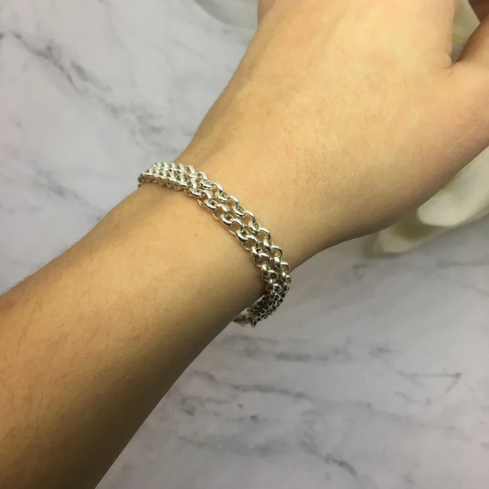 Silver tone bracelet double chain simple